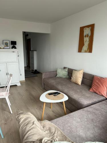 ein Wohnzimmer mit einem Sofa und einem Tisch in der Unterkunft Apartament nad Wdą in Świecie