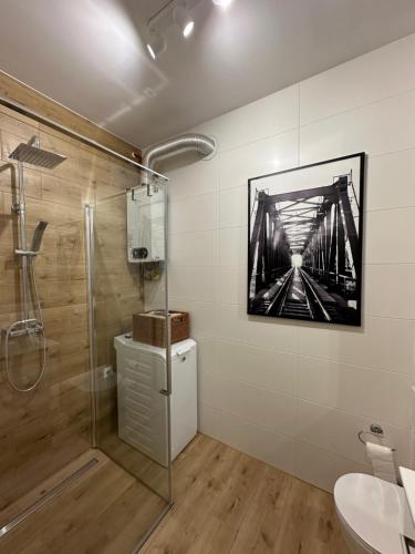 W łazience znajduje się prysznic i umywalka. w obiekcie Cicha 25 w mieście Katowice