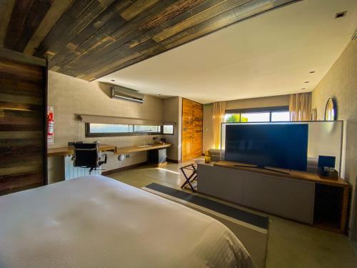 a bedroom with a large television and a bed at Casa Petrini in Tupungato