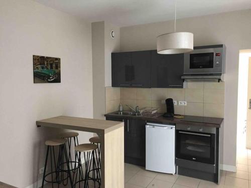 a kitchen with black cabinets and a counter top at Bel appart au bord de l’eau proche gare avec wifi in Auxerre
