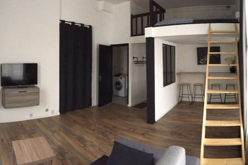 une chambre avec des lits superposés et un salon dans l'établissement Appart au centre ville avec parking privé et wifi, à Auxerre