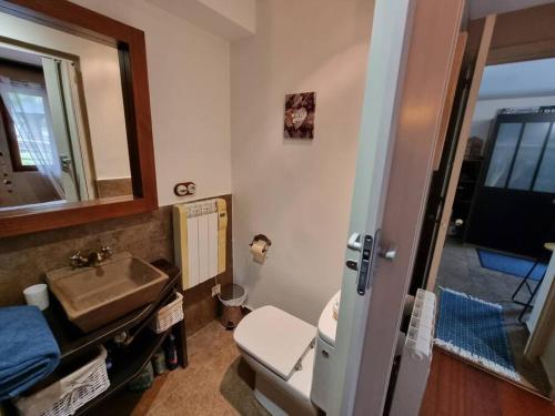 a bathroom with a sink and a toilet and a mirror at Petite chambre cosy avec salle de bain privative in Saint-Pierre-dels-Forcats