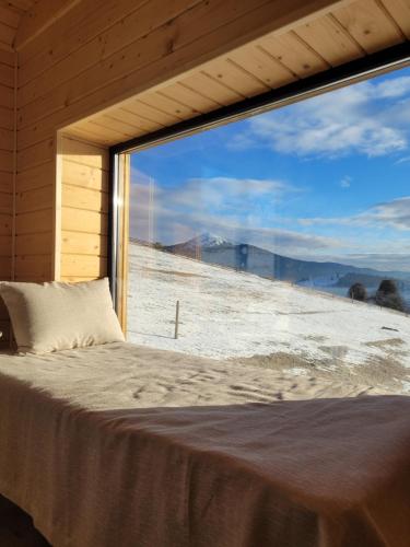 a bed in a room with a large window at Шале Green Land in Bukovel
