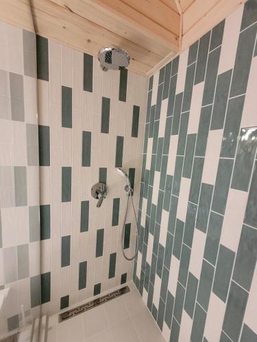 a bathroom with a shower with green and white tiles at Шале Green Land in Bukovel