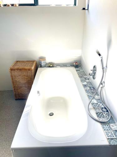 a bathroom with a white sink and a shower at Prinia on Peak in Pringle Bay in Pringle Bay