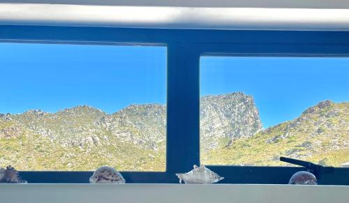 two birds sitting on a window sill looking at mountains at Prinia on Peak in Pringle Bay in Pringle Bay