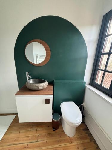 La salle de bains est pourvue d'un lavabo et de toilettes avec un miroir. dans l'établissement La maison d'Aline, à Arras
