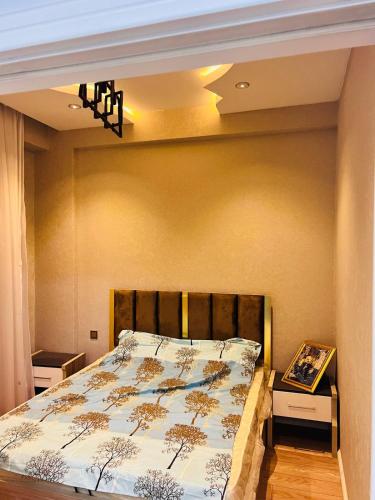 1 dormitorio con 1 cama con colcha grande en Дом, en Baku