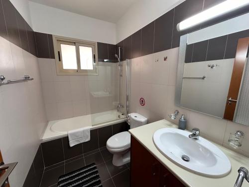 Un baño con lavabo, inodoro y espejo. en Lucy's holidays apartment, en Peyia