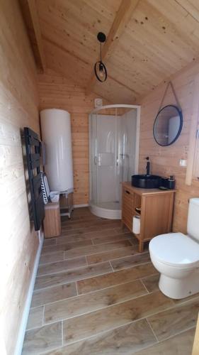 La salle de bains est pourvue de toilettes et d'un lavabo dans une cabine. dans l'établissement Le Chalet Médocain, à Jau-Dignac-et-Loirac