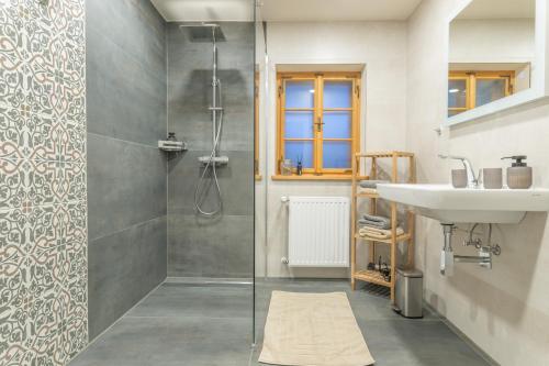 y baño con lavabo y ducha. en Modernes Apartment in altem Bauernhaus en Aflenz Kurort