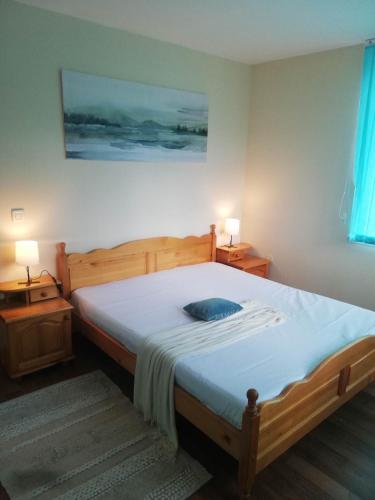 a bedroom with a large bed and two night stands at Апартамент ВалАнди in Samokov