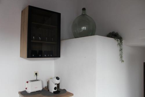 a kitchen with a counter with a microwave and a shelf at Alojamiento turistico LaVid in Requena