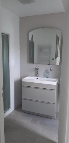 BriecにあるGîte de Bealieuの洗面台と鏡のある白いバスルーム