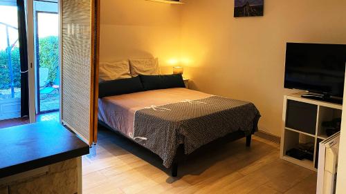 une chambre avec un lit et une télévision à écran plat dans l'établissement Studio avec jardin privé Randos & Cures - Luminicé, à Vernet-les-Bains