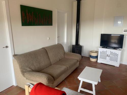 a living room with a couch and a tv at Villa Arriba in Periana