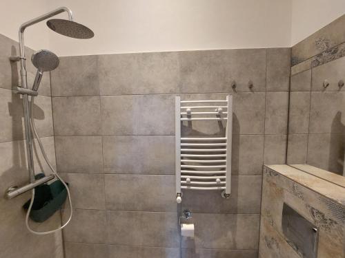 a shower stall in a bathroom with a shower at Apartament Kamienna Gora in Kamienna Góra