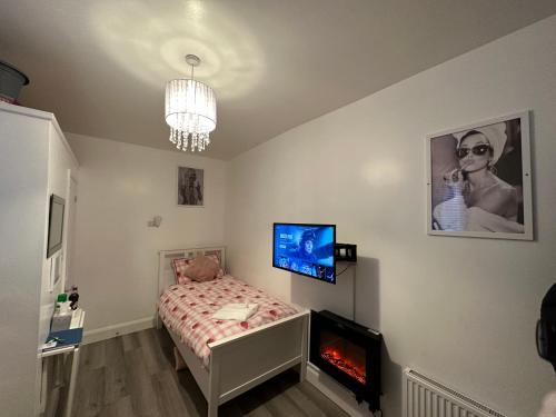 a bedroom with a bed with a fireplace and a tv at De lick strawberry studio in London