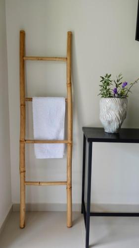 a towel rack next to a table with a plant at Pnoe Eco Residences in Amaliás