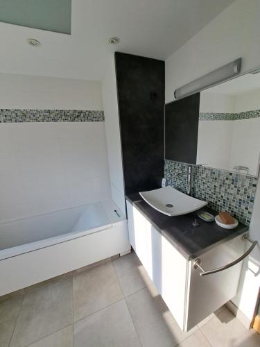 une salle de bain avec un lavabo et une baignoire dans l'établissement Belle maison berckoise, à Berck-sur-Mer