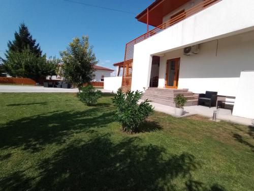 a white house with a yard with a grassy field at Pestele Ca Odinioară in Murighiol