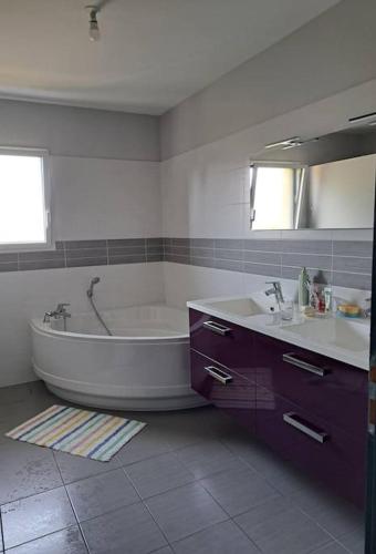 une salle de bain avec une baignoire, un lavabo et un miroir dans l'établissement UN COIN DE PARADIS, à Lit-et-Mixe