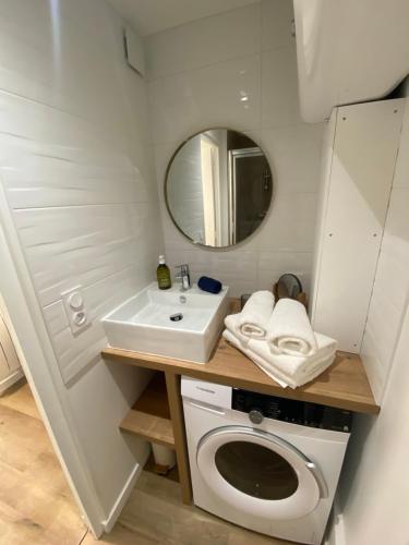 La petite salle de bains est pourvue d'un lavabo et d'un lave-linge. dans l'établissement Ty Guenhaël petite maisonnette avec extérieur intra-muros proche port de Vannes, à Vannes