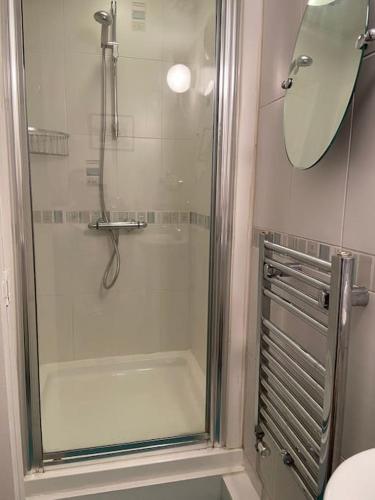 um chuveiro com uma porta de vidro na casa de banho em Private, homely, 1 bedroom apartment SW London. em Hanworth
