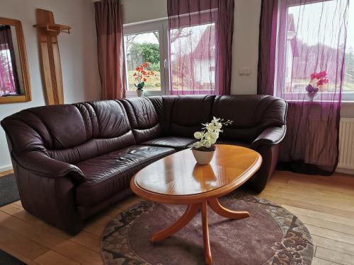 a living room with a leather couch and a coffee table at Apartments in Biedenkopf in Biedenkopf