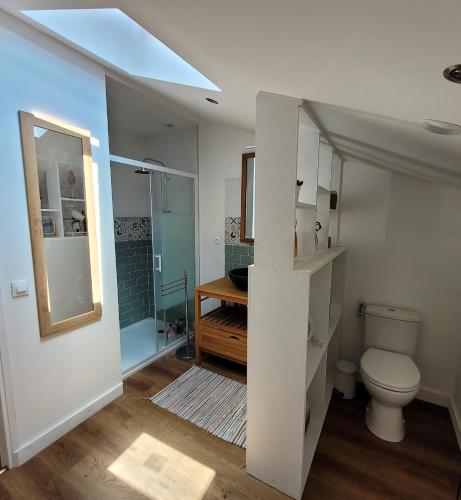 La salle de bains est pourvue de toilettes et d'une douche à l'italienne. dans l'établissement Le Clos de Bertille, à Saint-Laurent-de-la-Prée