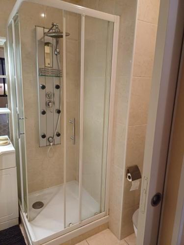 une douche avec une porte vitrée dans une salle de bain dans l'établissement Joli cocon en plein centre ville, à Vichy