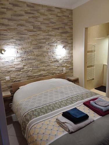 une chambre avec un lit et un mur en pierre dans l'établissement Joli cocon en plein centre ville, à Vichy