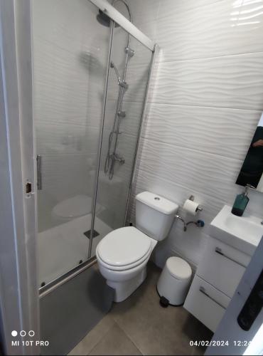 a bathroom with a shower and a toilet and a sink at La concha in La Laguna