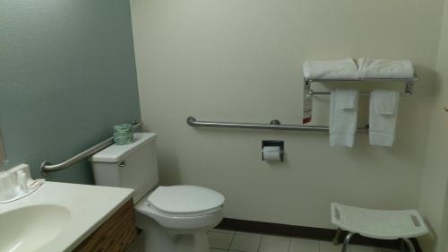 a bathroom with a white toilet and a sink at Super 8 by Wyndham Thurmont in Thurmont
