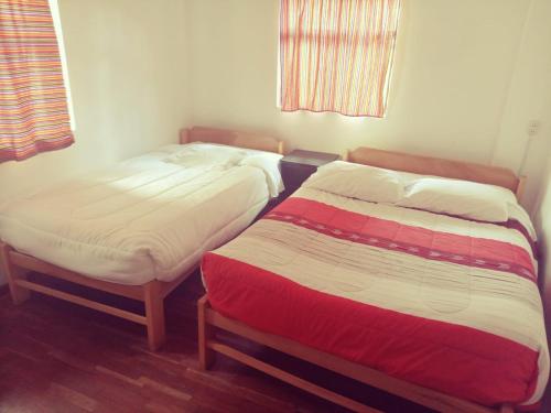 2 Einzelbetten in einem Zimmer mit Fenster in der Unterkunft ENEDE HOSTEL in Cusco