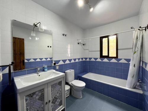 コンペタにあるVilla Victoriaの青と白のバスルーム(トイレ、シンク付)