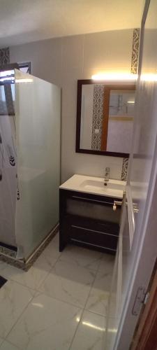 uma casa de banho com um lavatório, um chuveiro e um espelho. em Apartamento vacaciones em Palafrugell