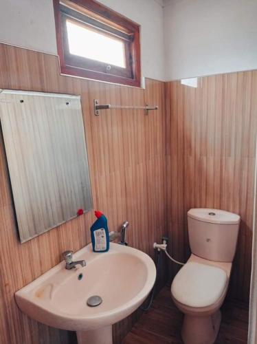 La salle de bains est pourvue d'un lavabo blanc et de toilettes. dans l'établissement Puraya'S Lodge, à Anurâdhapura