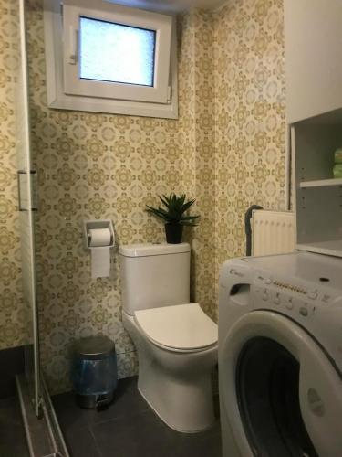 パレオ・ティフリキにあるSofy's Houseのバスルーム(トイレ、窓付)、洗濯機が備わります。