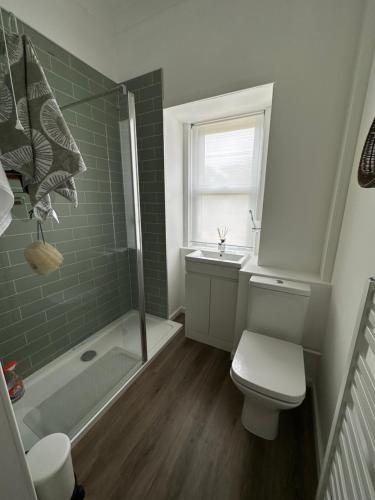 een badkamer met een douche, een toilet en een wastafel bij Seaside Retreat No 8 in Ayr