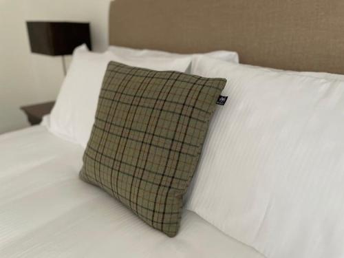 a plaid pillow on a bed with white pillows at 4@No.4. A cosy spot for 4 and one furry friend in Cawood