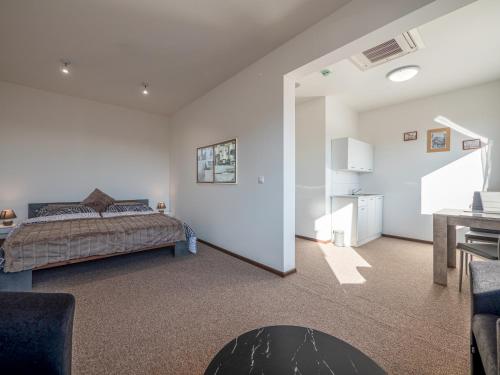 a bedroom with a bed and a desk in a room at Penzion ARIES in Nitra