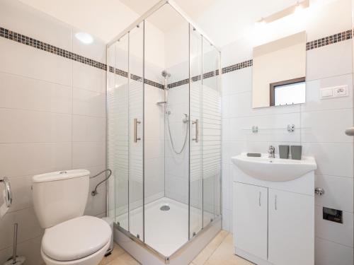 W łazience znajduje się prysznic, toaleta i umywalka. w obiekcie Penzion ARIES w mieście Nitra