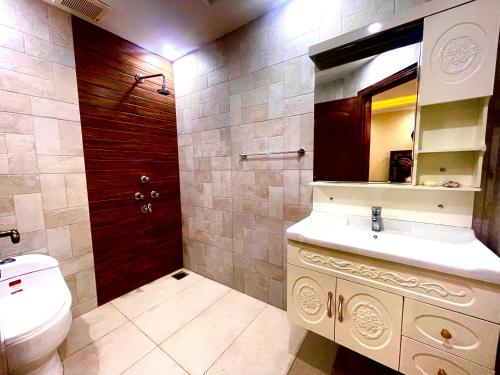y baño con aseo, lavabo y espejo. en National Luxury Apartments - 2 Bed Room, en Lahore