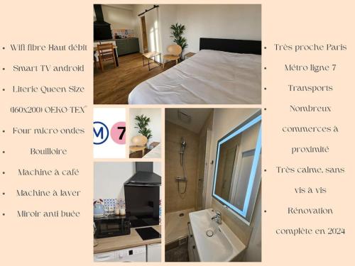 een collage van foto's van een slaapkamer en een badkamer bij NERO studio confort tt équipé! in Villejuif