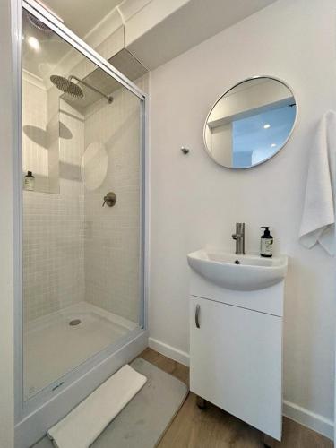 a bathroom with a shower and a sink and a mirror at The Saasveld in Cape Town