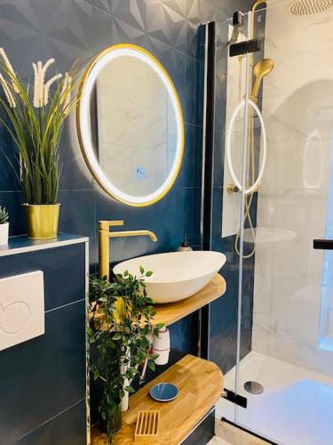 une salle de bain avec un lavabo et un miroir dans l'établissement Lovely studio in the Heart of St Germain-des-Prés, à Paris