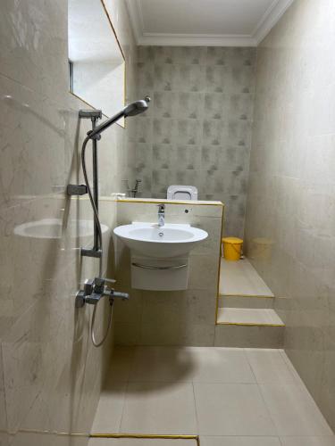 a bathroom with a sink and a shower at Bin Omar Malindi Apartment in Stone Town