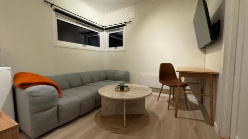 sala de estar con sofá y mesa en Bedroom, livingroom and separate bathroom, en Fredrikstad