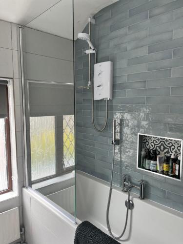 een douche met een glazen deur in de badkamer bij Hideaway Cottage in Schull